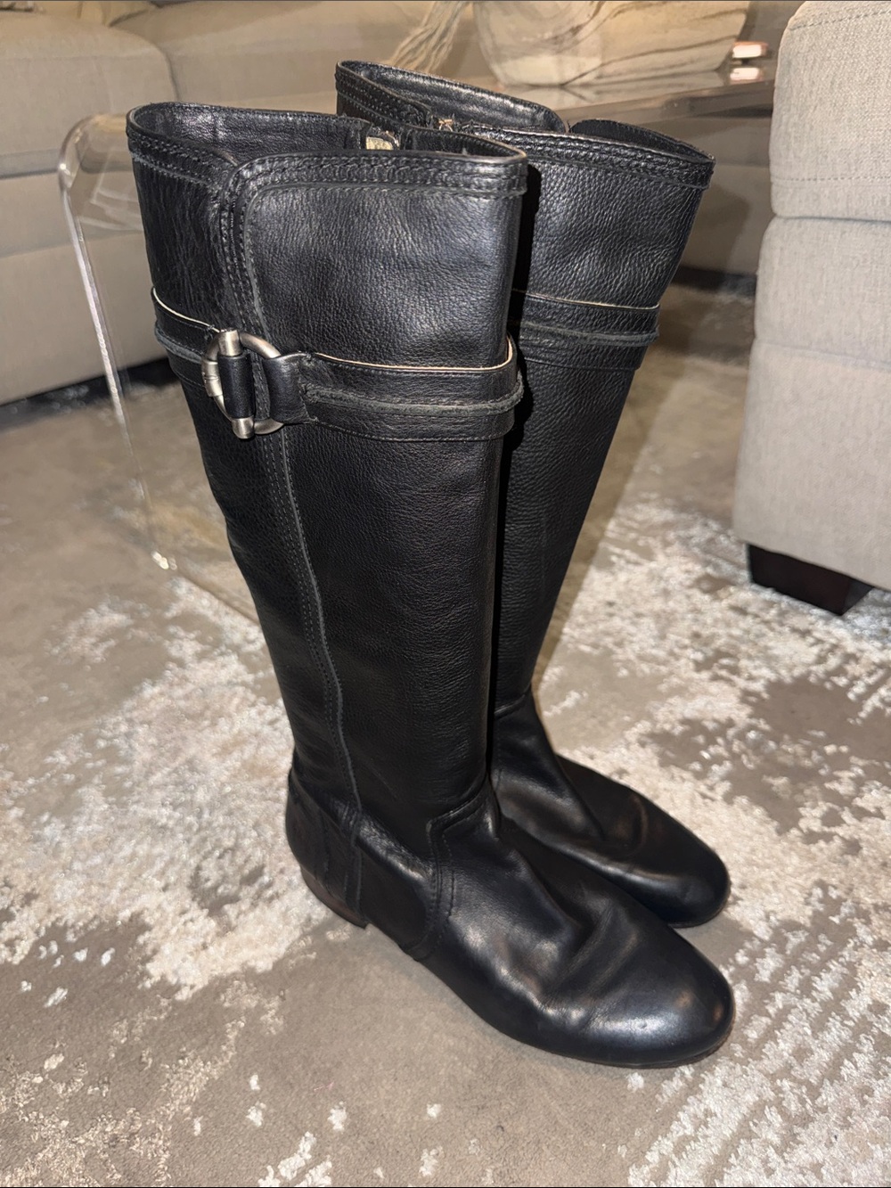 Frye Black Leather Over-the-Knee Riding Boots with Buckle